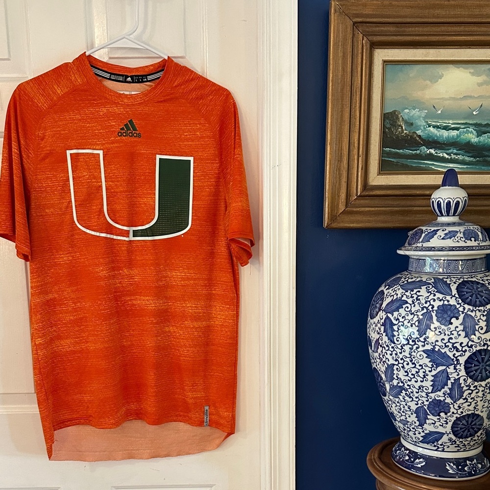 NWOT Miami Hurricanes Adidas Climalite Orange Football Work-out Shirt Size L